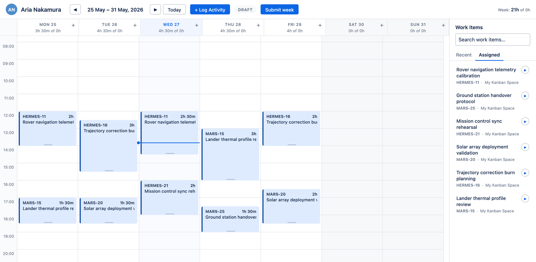 Aevon Timesheets weekly calendar
