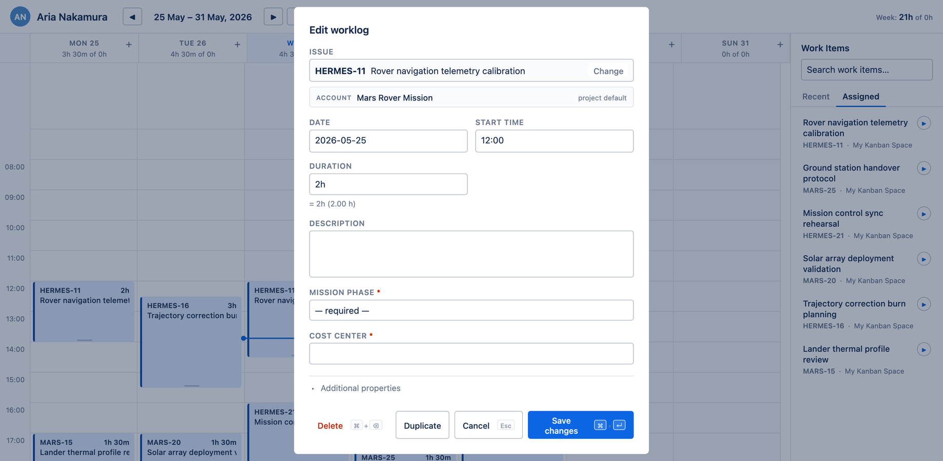 The Log Work dialog