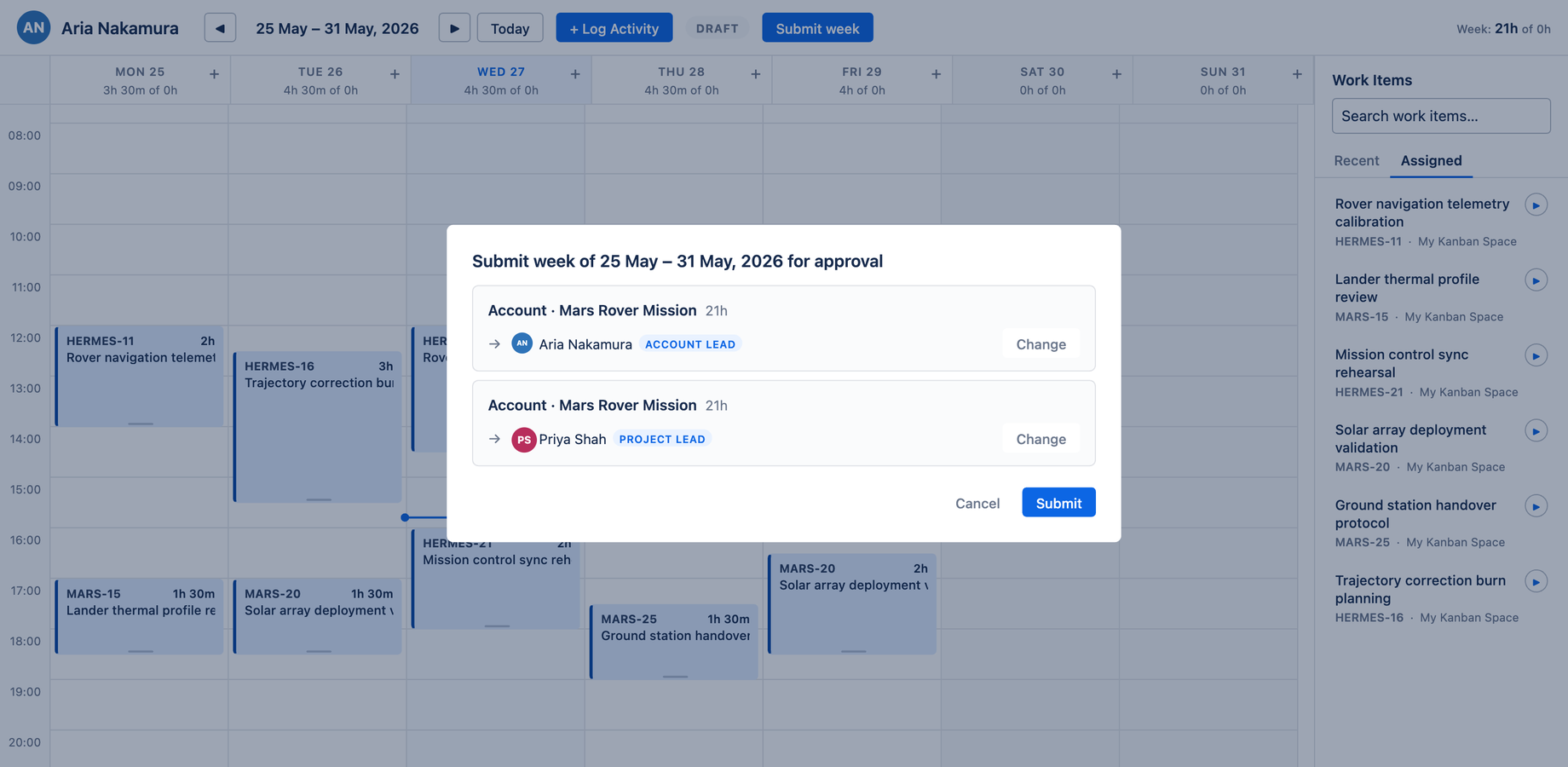 The submit dialog with per-account approval groups