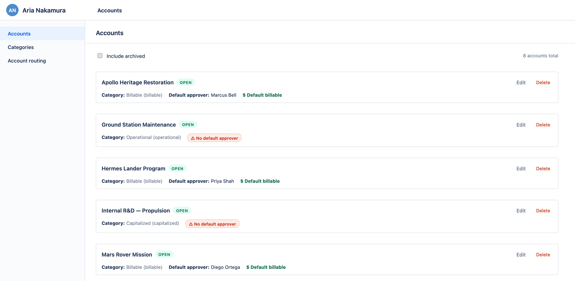 The Accounts list