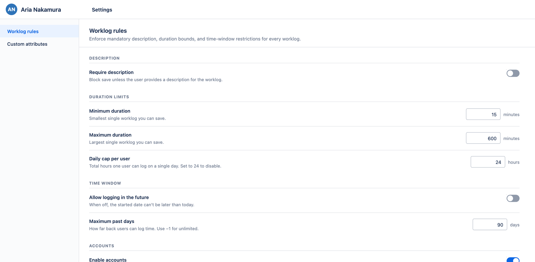 Settings — Worklog rules