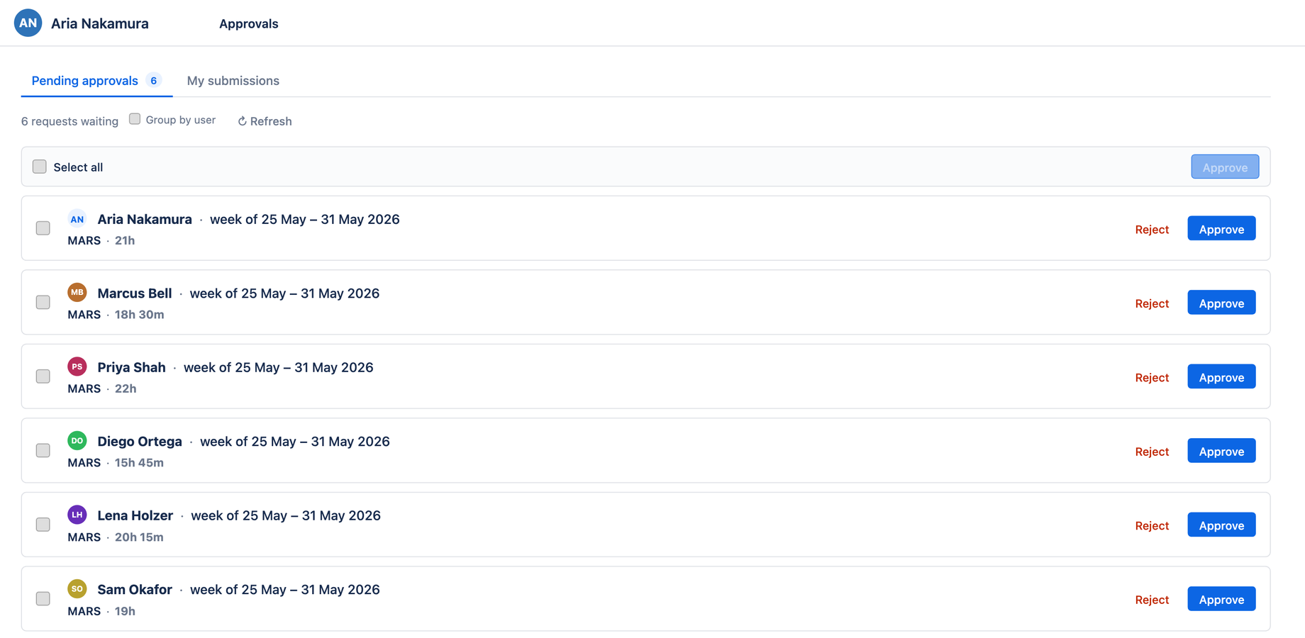 The Approvals inbox with pending submissions