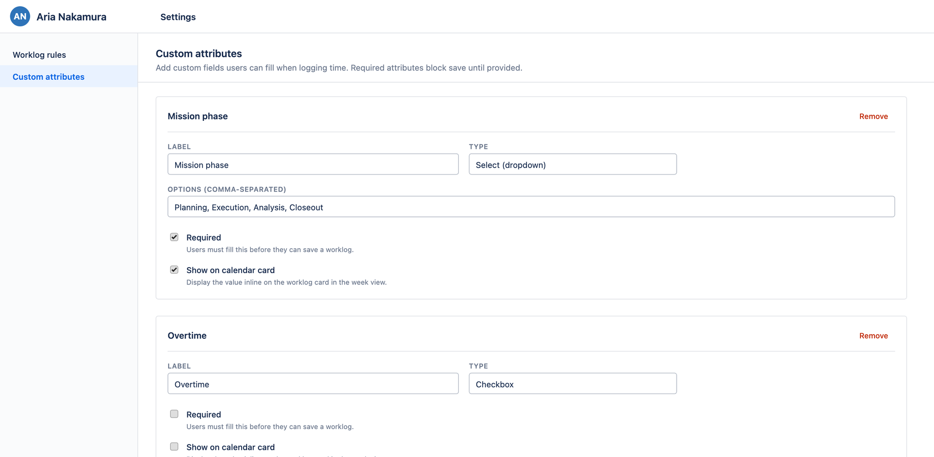 Settings — the custom attributes editor