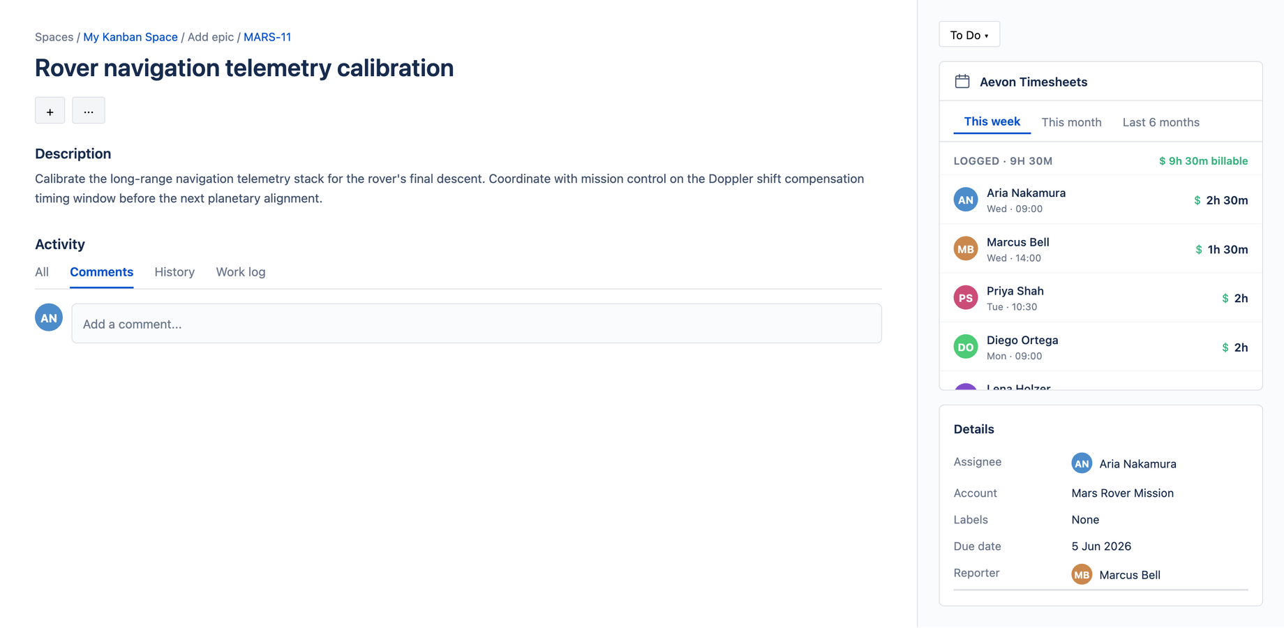 The Aevon issue panel inside a Jira issue