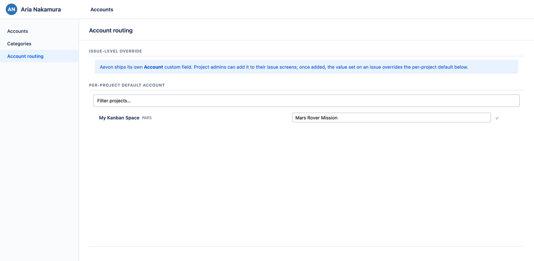 Account routing — per-project defaults with the override hint
