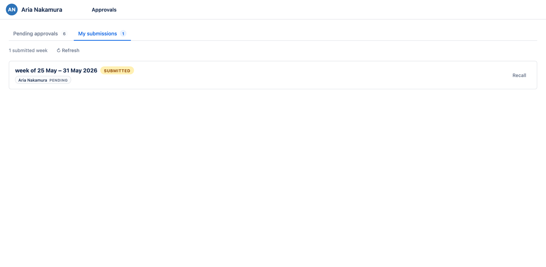 My submissions tab with per-approver status chips