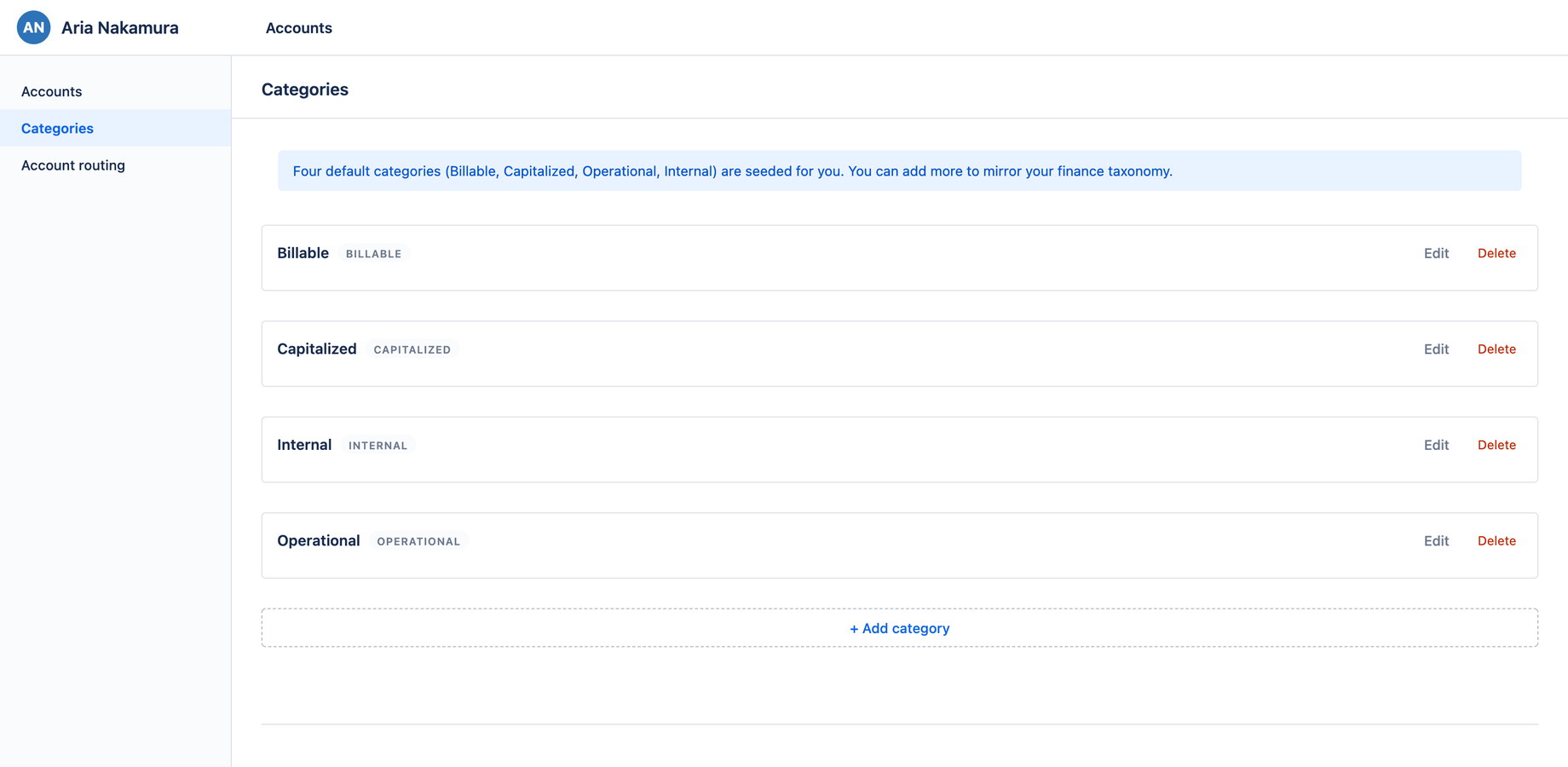 The Categories list with the four seeded categories