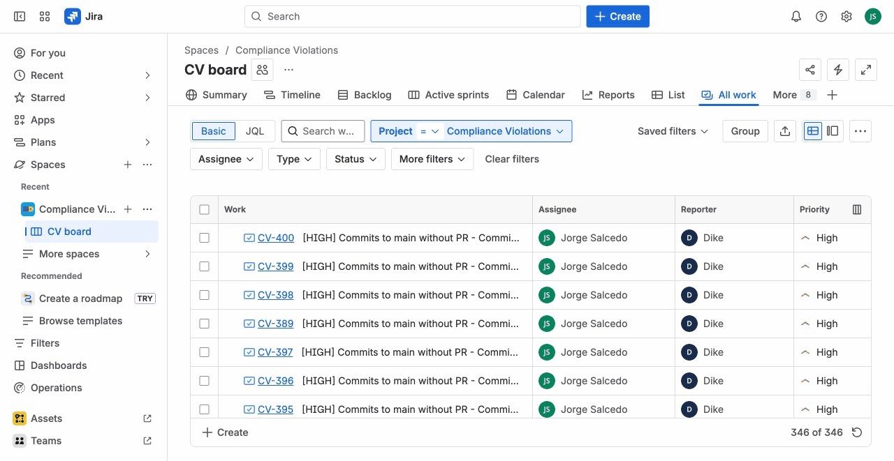 Violations List in Jira