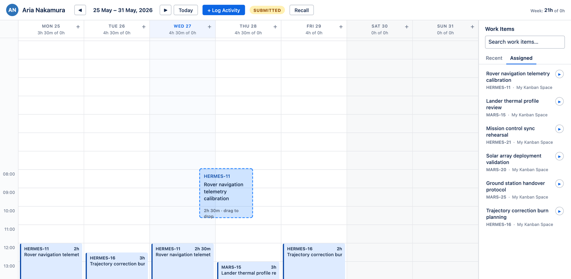 Dragging a worklog card with a ghost preview of where it will land