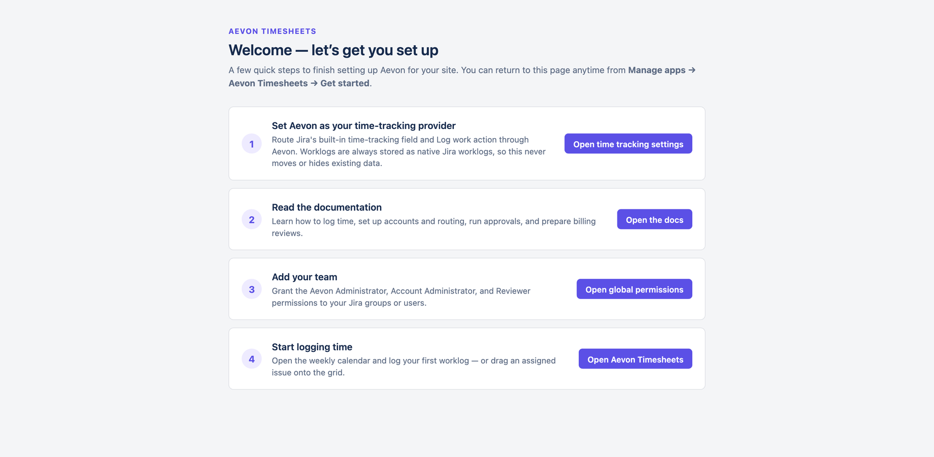 Aevon Timesheets Get Started hub