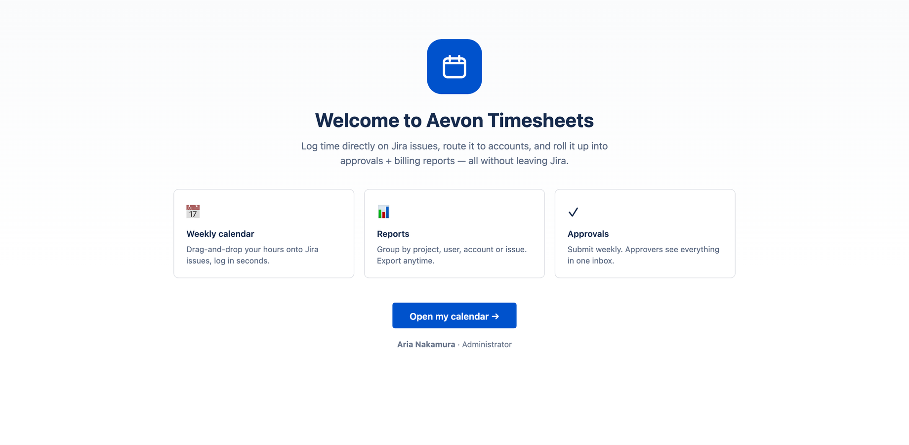 Aevon Timesheets welcome screen